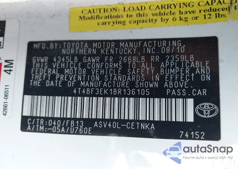 2011 Toyota Camry Le из США, поврежденный, VIN 4T4BF3EK1BR136105